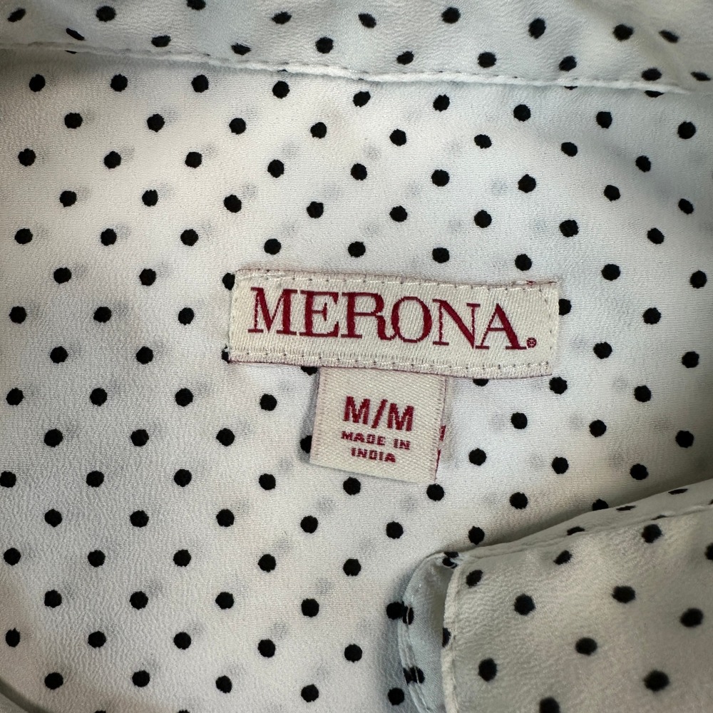 Merona Polka Dot Popover Blouse Medium White Black Long Sleeve Pocket - Picture 3 of 8